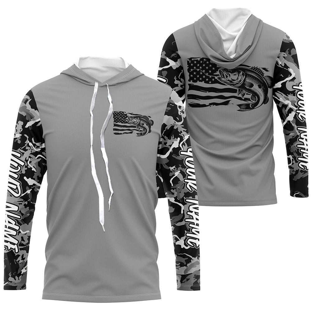 Gray Camo Us Flag Largemouth Bass Custom Patrotic Long Sleeve Fishing, Bass Fishing