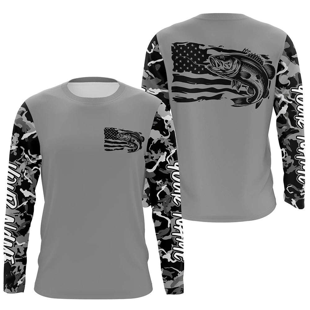 Gray Camo Us Flag Largemouth Bass Custom Patrotic Long Sleeve Fishing, Bass Fishing