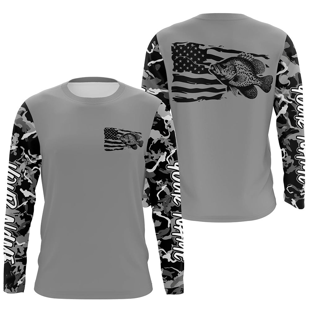 Gray Camo Us Flag Crappie Custom Patrotic Long Sleeve Fishing, Crappie Fishing