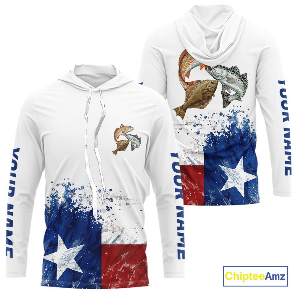 Custom Texas Flag Texas Slam Redfish, Trout, Flounder Long Sleeve Hooded UV Protection Fishing