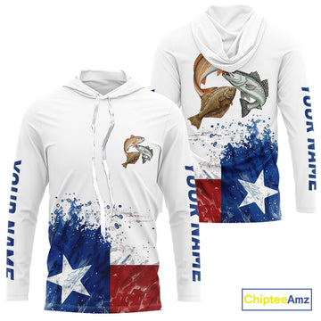 Custom Texas Flag Texas Slam Redfish, Trout, Flounder Long Sleeve Hooded UV Protection Fishing