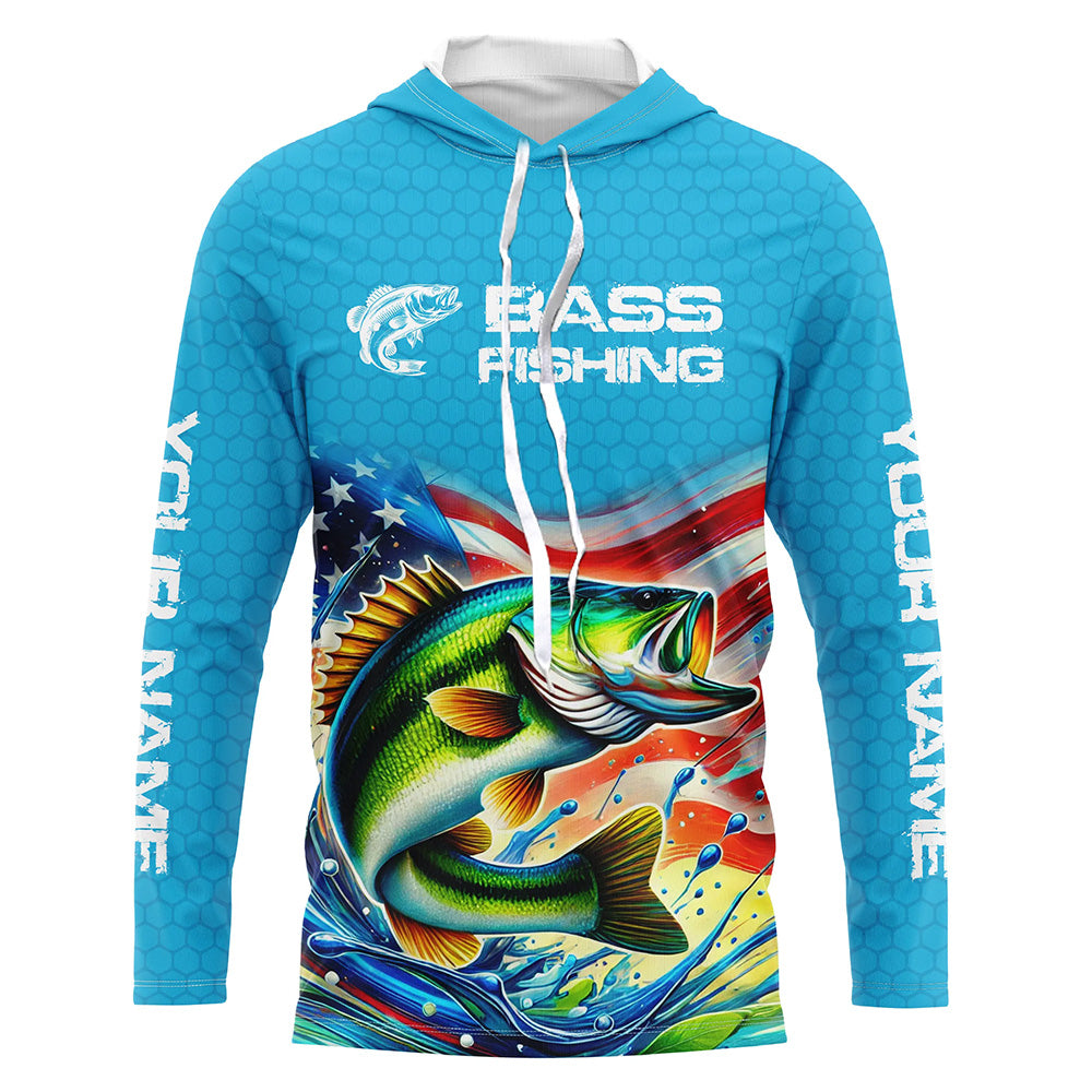 Custom US Flag Largemouth Bass Long Sleeve Hooded Tournament Fishing, Patriotic Bass