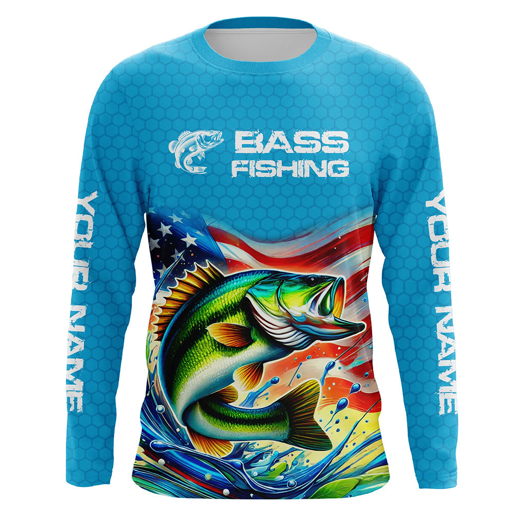 Custom US Flag Largemouth Bass Long Sleeve Hooded Tournament Fishing, Patriotic Bass