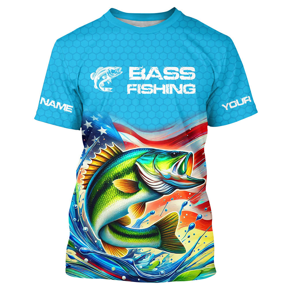 Custom US Flag Largemouth Bass Long Sleeve Hooded Tournament Fishing, Patriotic Bass