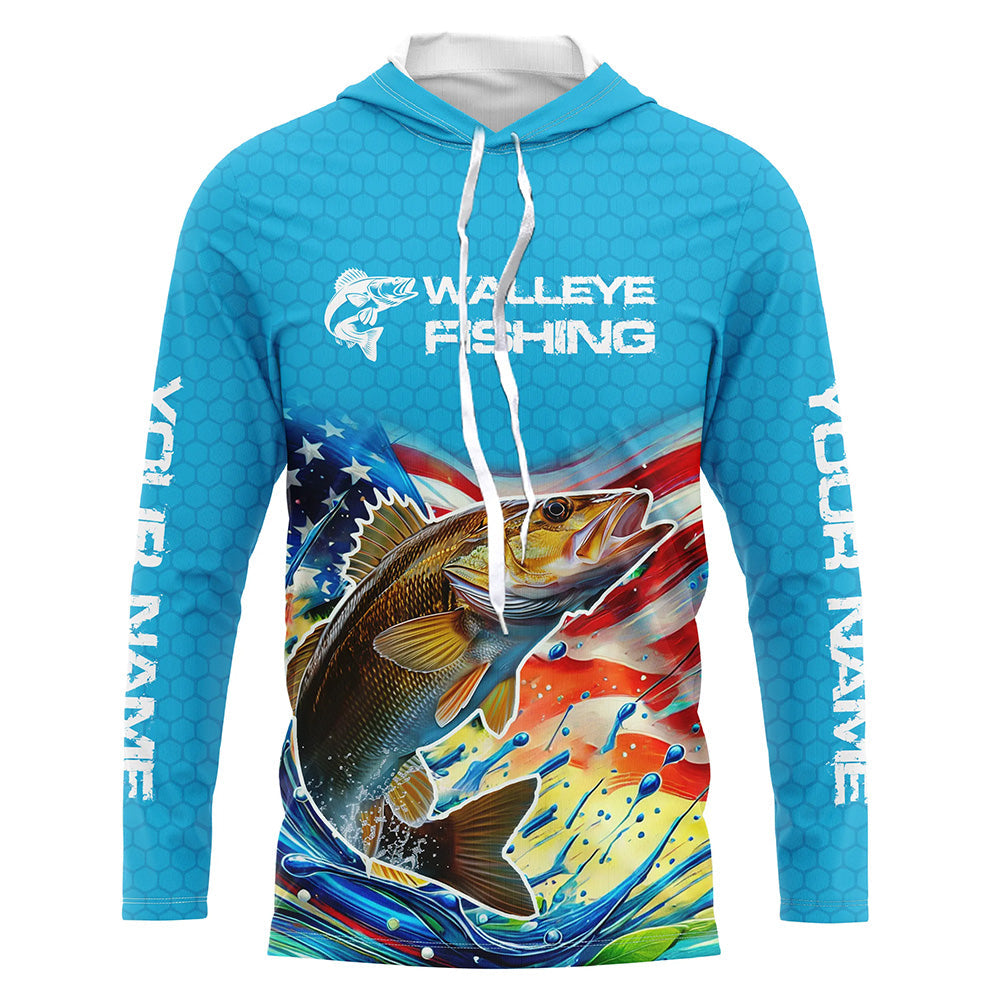 Custom US Flag Walleye Long Sleeve Hooded Fishing, Patriotic Walleye Fishing