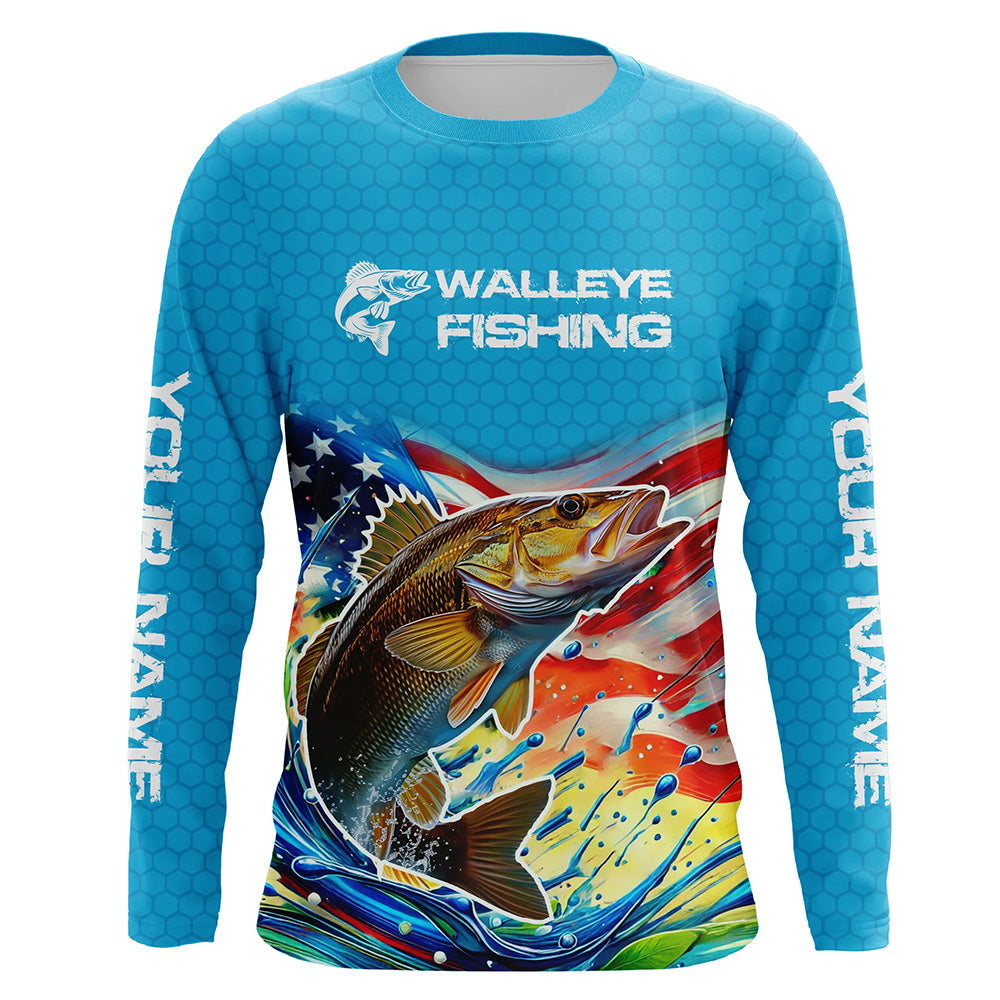 Custom US Flag Walleye Long Sleeve Hooded Fishing, Patriotic Walleye Fishing