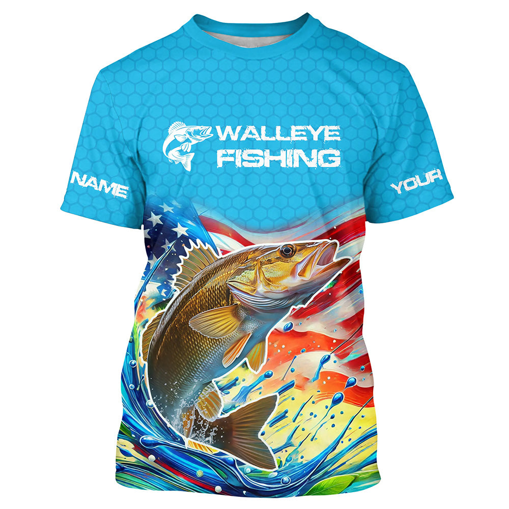 Custom US Flag Walleye Long Sleeve Hooded Fishing, Patriotic Walleye Fishing