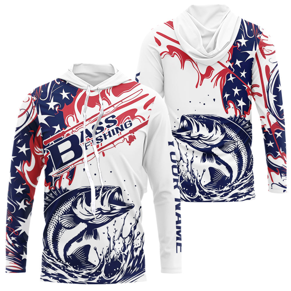 Custom American Flag Largemouth Bass Long Sleeve Hooded Fishing, Patriotic Bass Fishing