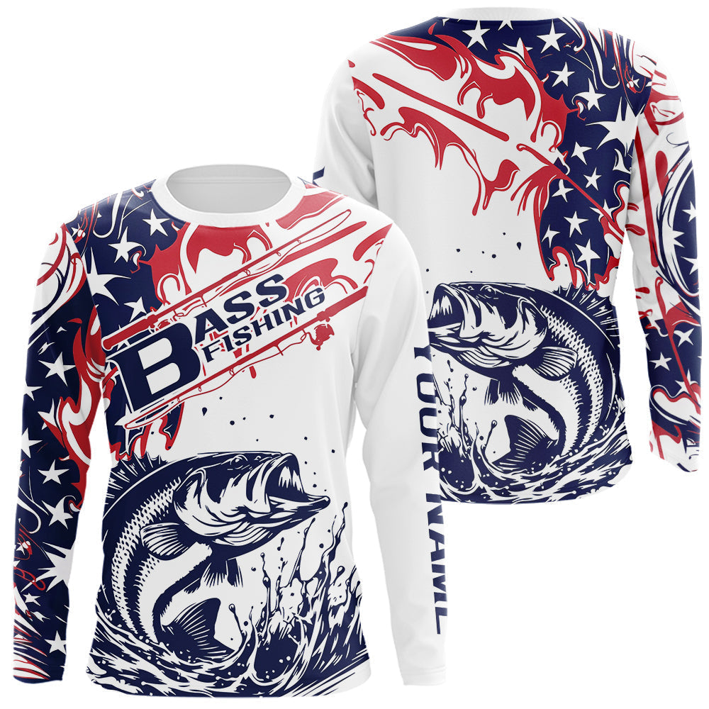 Custom American Flag Largemouth Bass Long Sleeve Hooded Fishing, Patriotic Bass Fishing