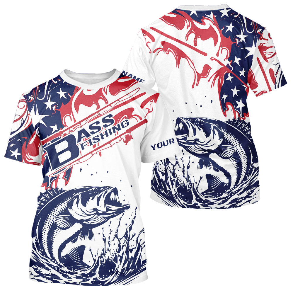 Custom American Flag Largemouth Bass Long Sleeve Hooded Fishing, Patriotic Bass Fishing