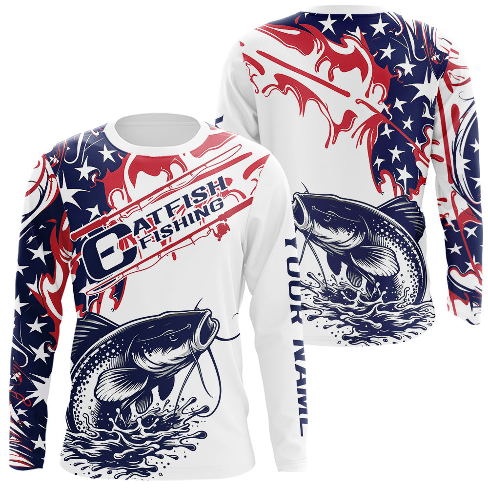 Custom American Flag Catfish Long Sleeve Fishing, Patriotic Catfish Fishing