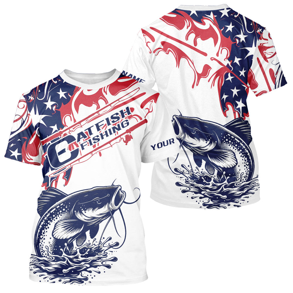 Custom American Flag Catfish Long Sleeve Fishing, Patriotic Catfish Fishing