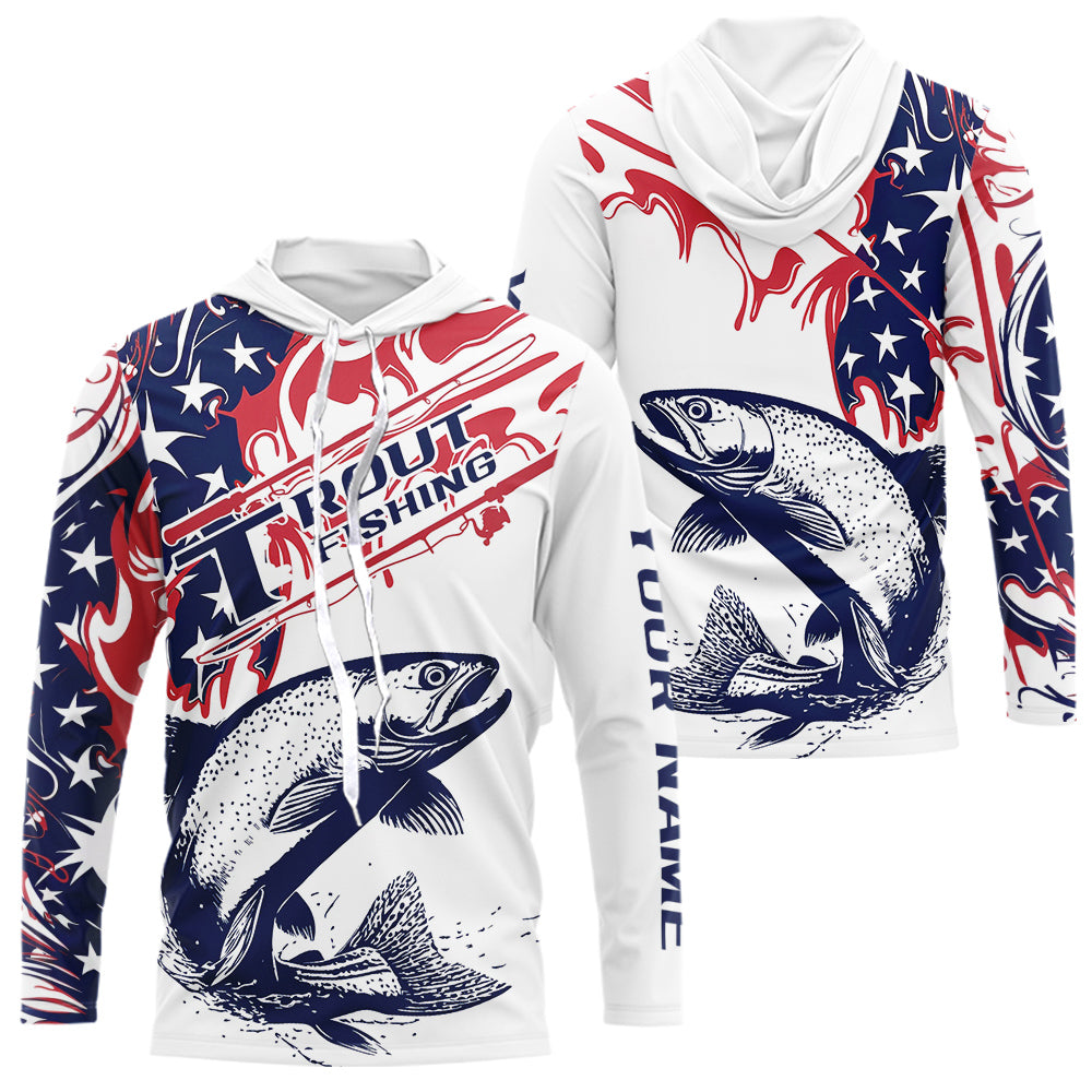 Custom American Flag Trout Long Sleeve Hooded Fishing, Patriotic Trout Fishing