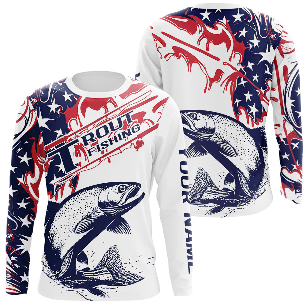 Custom American Flag Trout Long Sleeve Hooded Fishing, Patriotic Trout Fishing