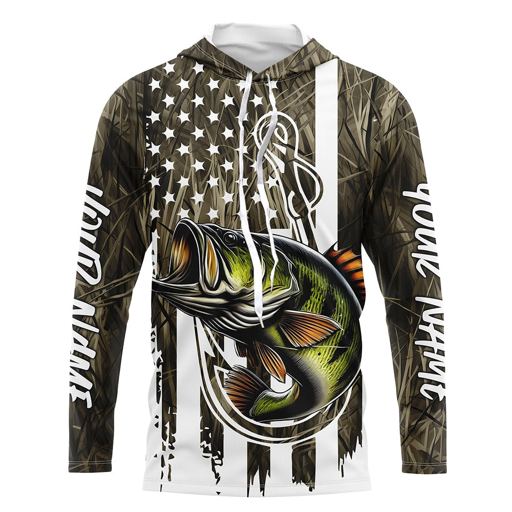 Lake Grass Camo US Flag Custom Largemouth Bass Patriotic Fishing T-Shirts With Name
