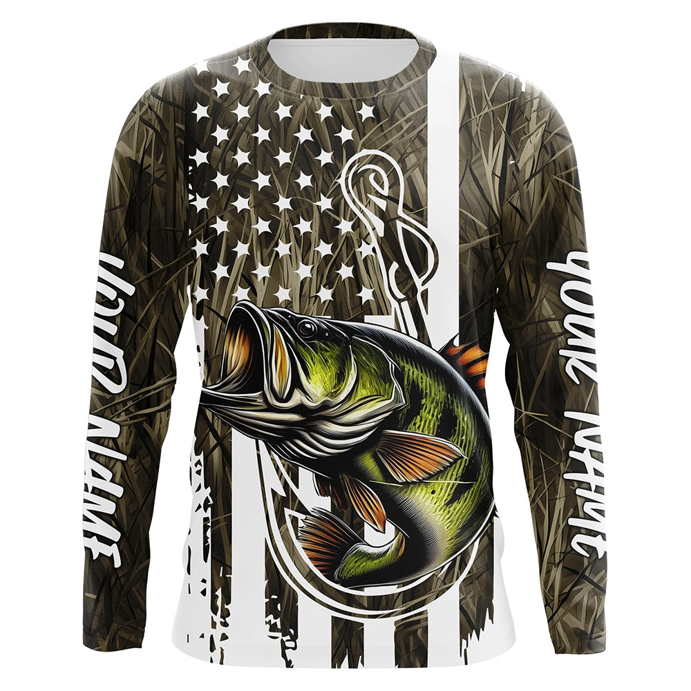 Lake Grass Camo US Flag Custom Largemouth Bass Patriotic Fishing T-Shirts With Name