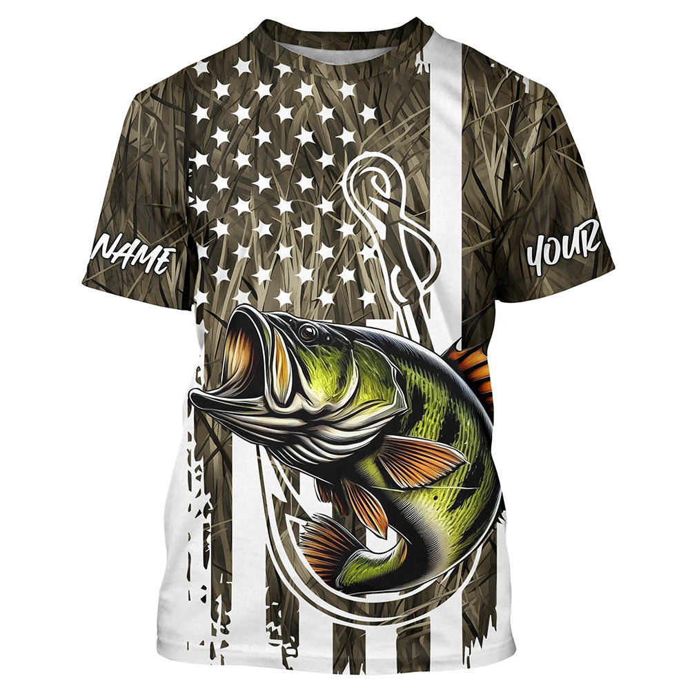 Lake Grass Camo US Flag Custom Largemouth Bass Patriotic Fishing T-Shirts With Name