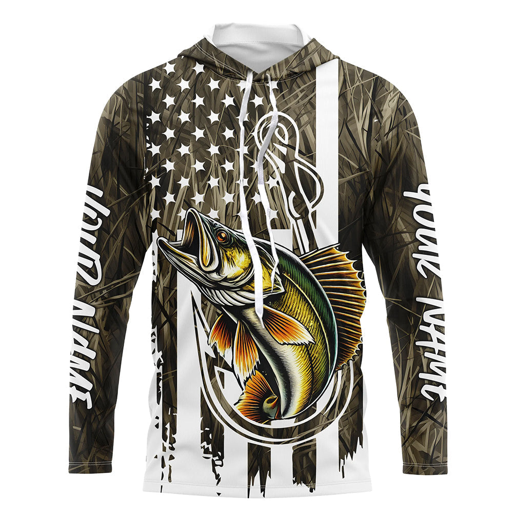 Lake Grass Camo US Flag Custom Walleye Patriotic Fishing T-Shirts With Name