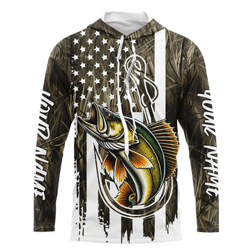 Lake Grass Camo US Flag Custom Walleye Patriotic Fishing T-Shirts With Name