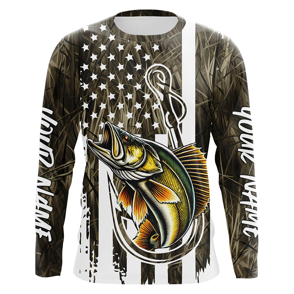 Lake Grass Camo US Flag Custom Walleye Patriotic Fishing T-Shirts With Name