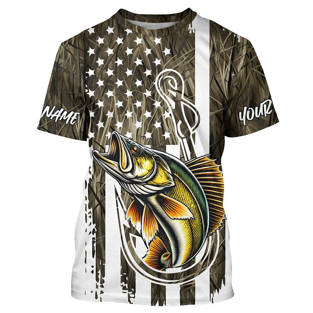 Lake Grass Camo US Flag Custom Walleye Patriotic Fishing T-Shirts With Name