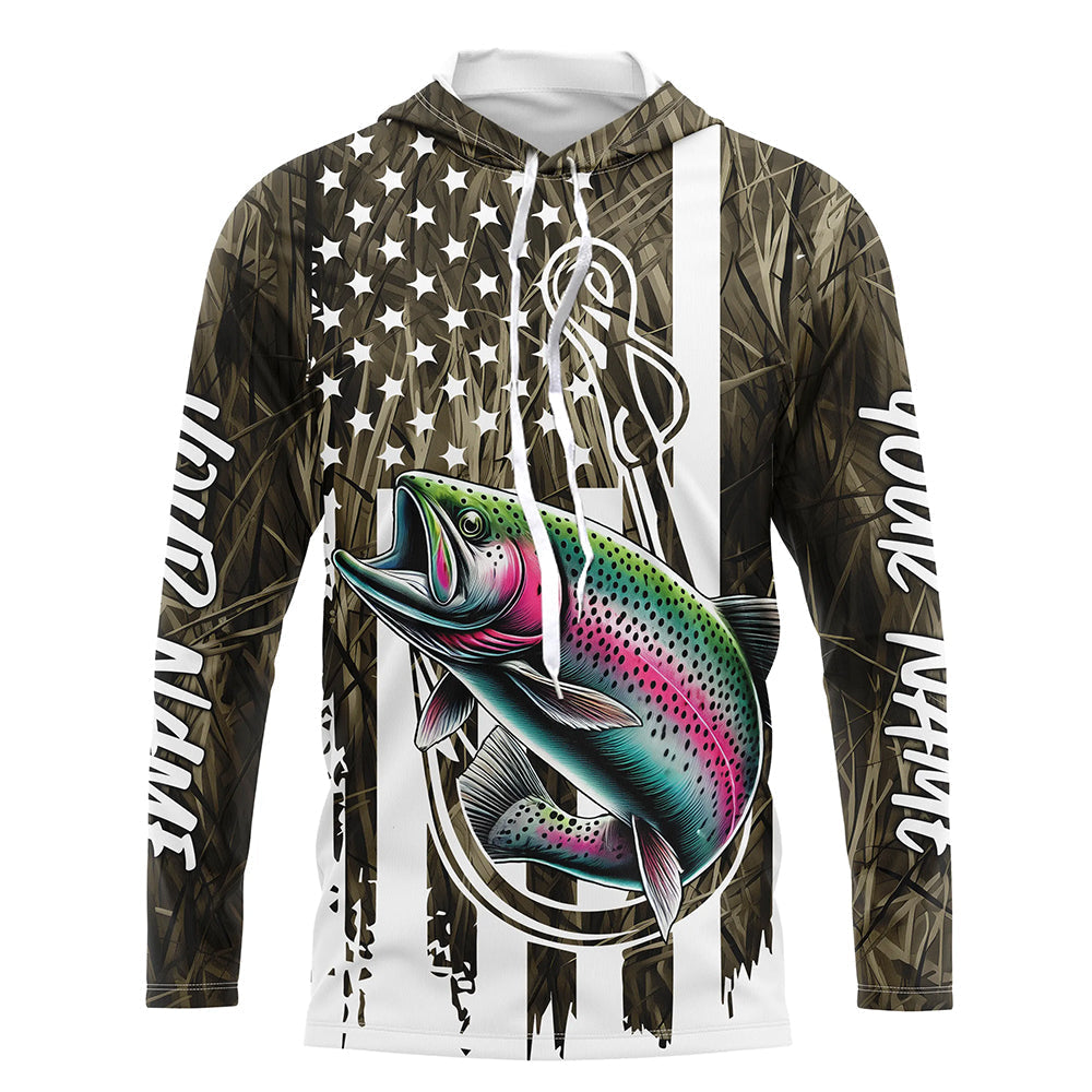 Lake Grass Camo US Flag Custom Rainbow Trout Patriotic Fishing T-Shirts With Name
