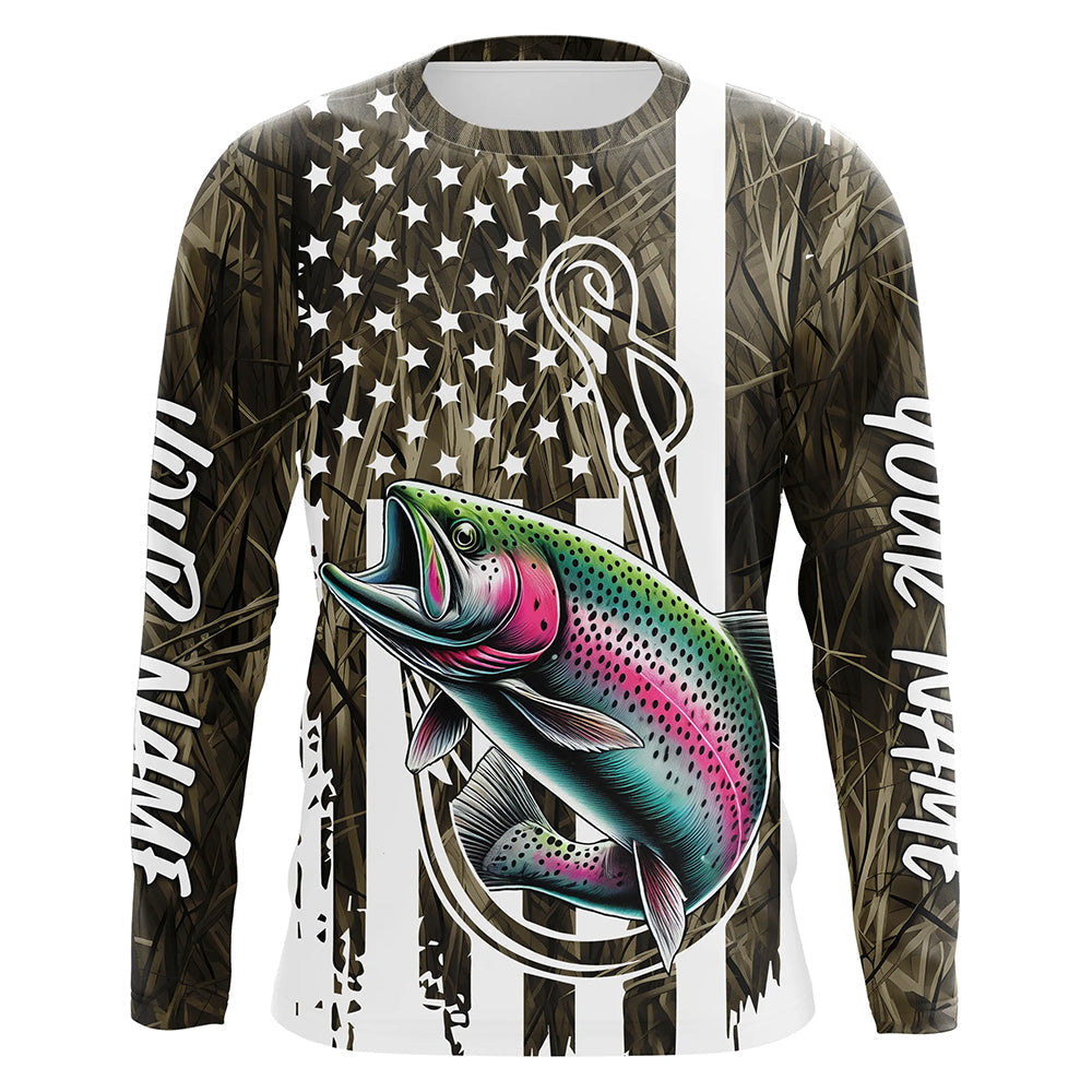 Lake Grass Camo US Flag Custom Rainbow Trout Patriotic Fishing T-Shirts With Name