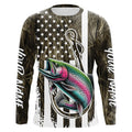 Lake Grass Camo US Flag Custom Rainbow Trout Patriotic Fishing T-Shirts With Name