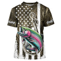Lake Grass Camo US Flag Custom Rainbow Trout Patriotic Fishing T-Shirts With Name
