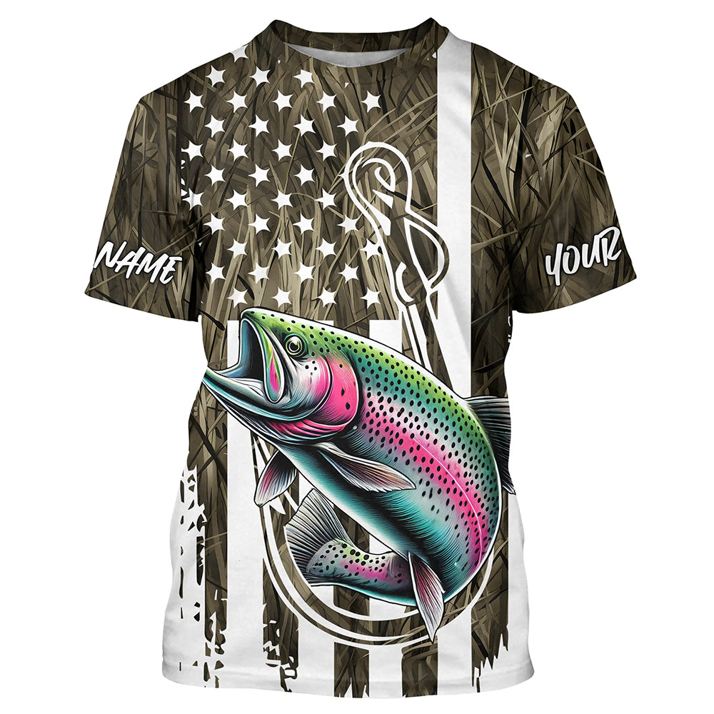 Lake Grass Camo US Flag Custom Rainbow Trout Patriotic Fishing T-Shirts With Name