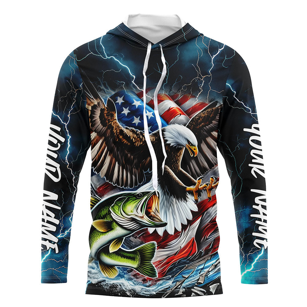 Blue Thunder Lightning US Flag Eagle Custom Patriotic Largemouth Bass Fishing T-Shirts