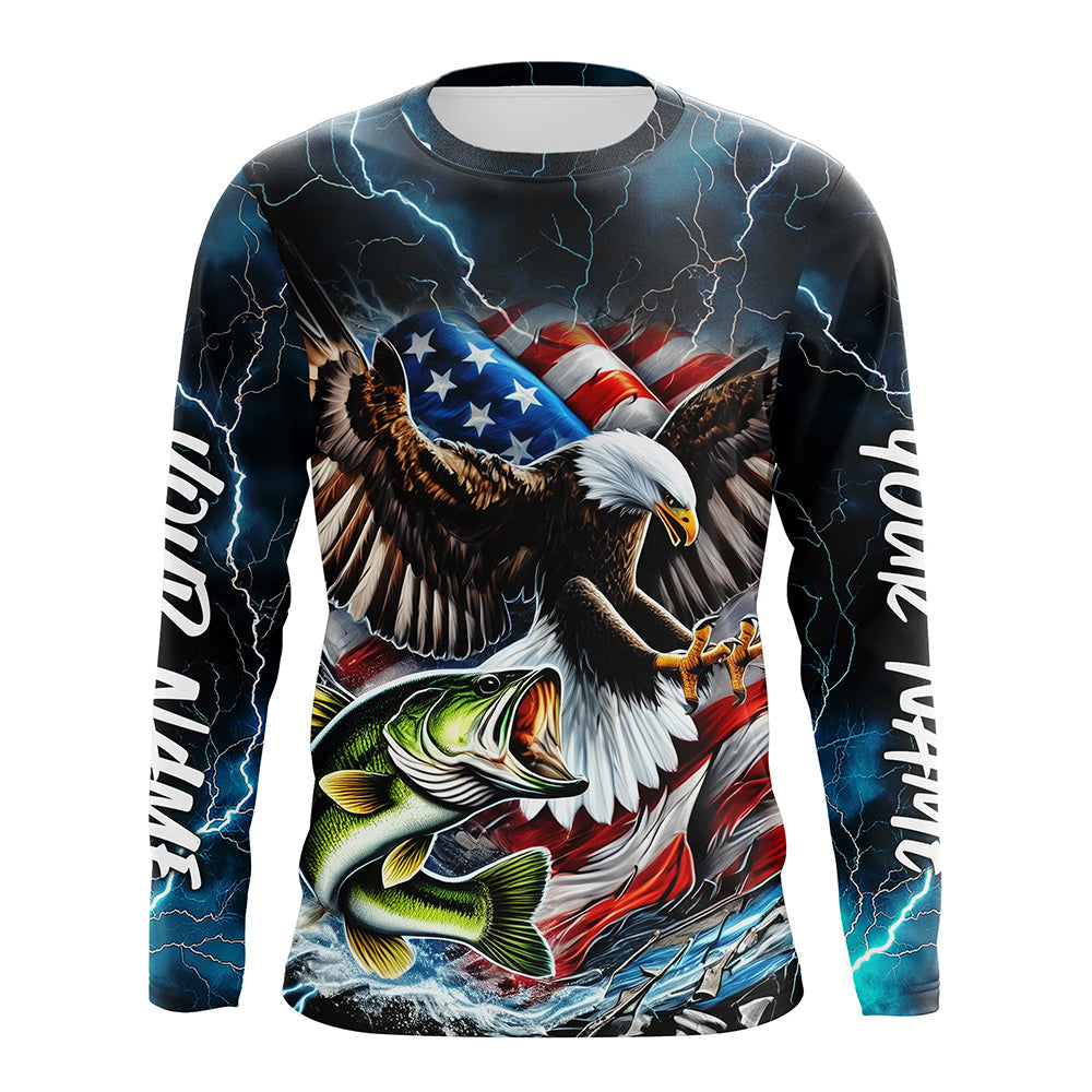 Blue Thunder Lightning US Flag Eagle Custom Patriotic Largemouth Bass Fishing T-Shirts