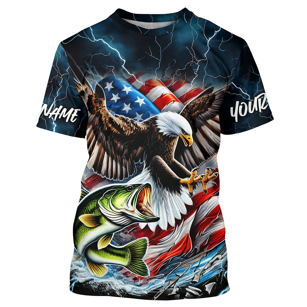 Blue Thunder Lightning US Flag Eagle Custom Patriotic Largemouth Bass Fishing T-Shirts