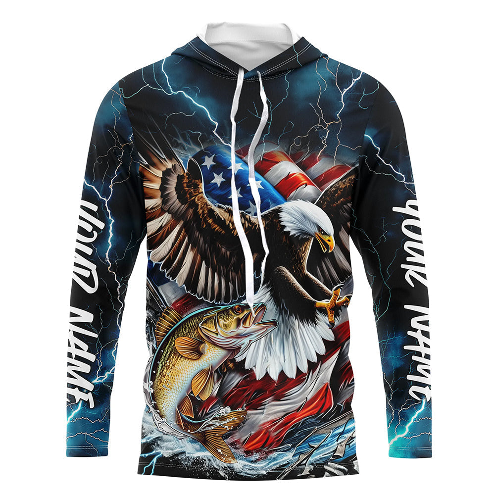 Blue Thunder Lightning US Flag Eagle Custom Patriotic Walleye Fishing T-Shirts