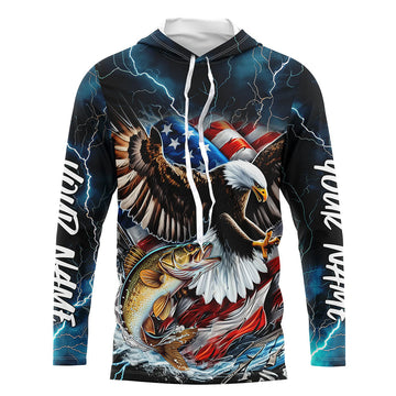 Blue Thunder Lightning US Flag Eagle Custom Patriotic Walleye Fishing T-Shirts