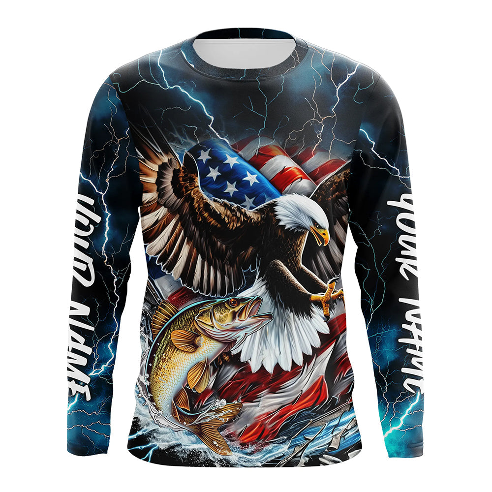 Blue Thunder Lightning US Flag Eagle Custom Patriotic Walleye Fishing T-Shirts