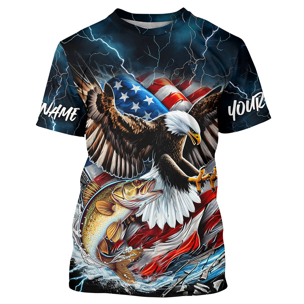 Blue Thunder Lightning US Flag Eagle Custom Patriotic Walleye Fishing T-Shirts