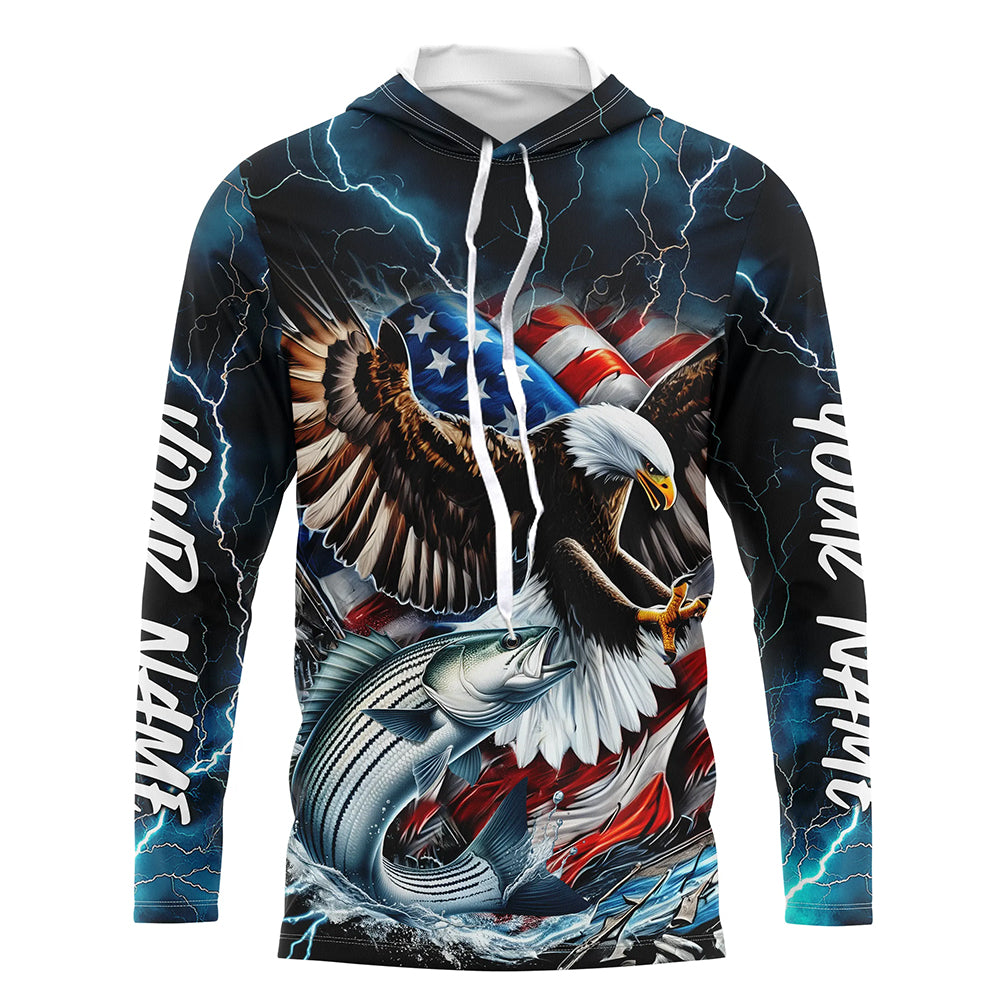 Blue Thunder Lightning US Flag Eagle Custom Patriotic Striped Bass Fishing T-Shirts