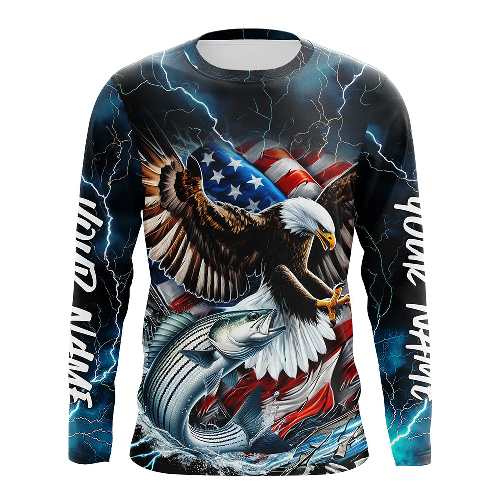 Blue Thunder Lightning US Flag Eagle Custom Patriotic Striped Bass Fishing T-Shirts