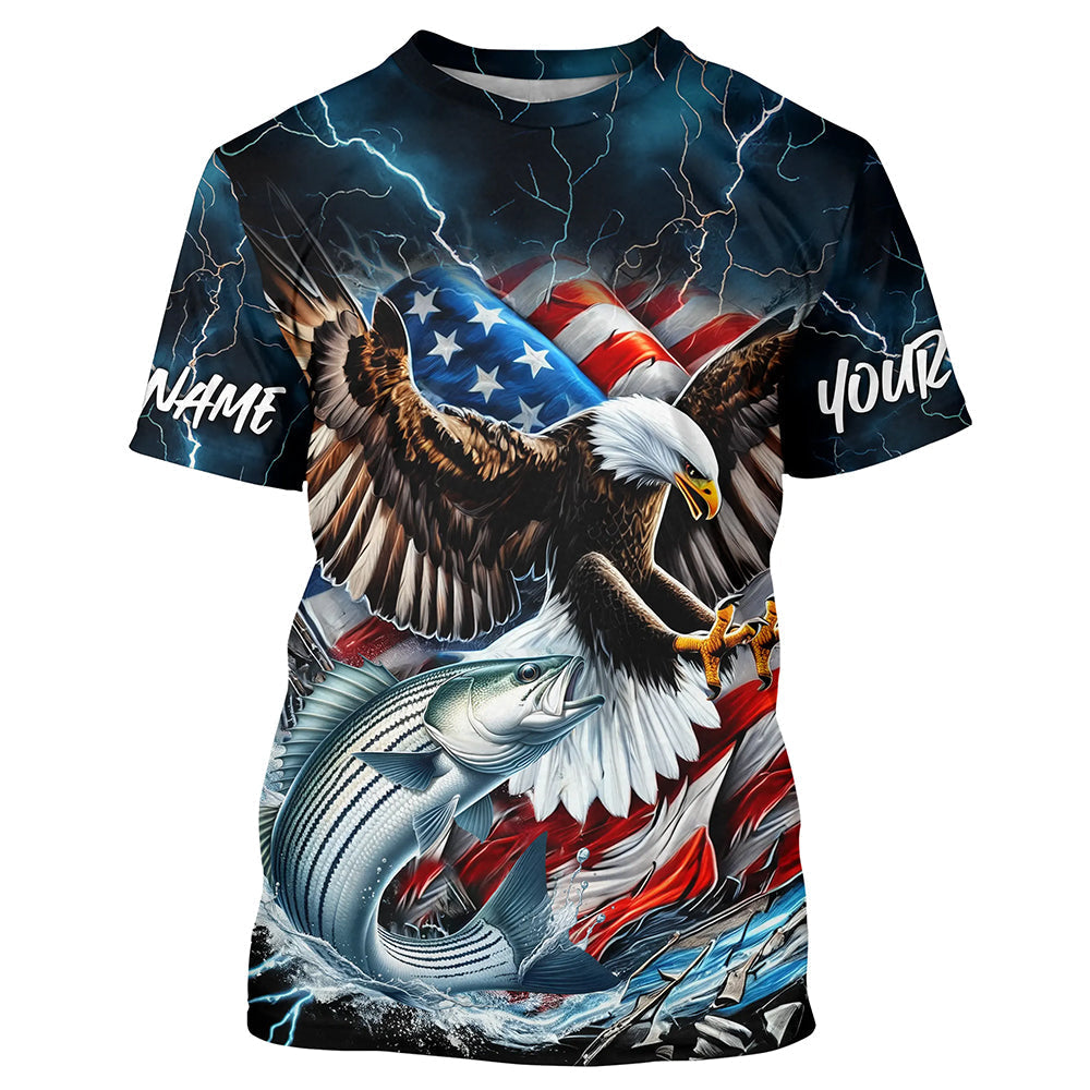 Blue Thunder Lightning US Flag Eagle Custom Patriotic Striped Bass Fishing T-Shirts