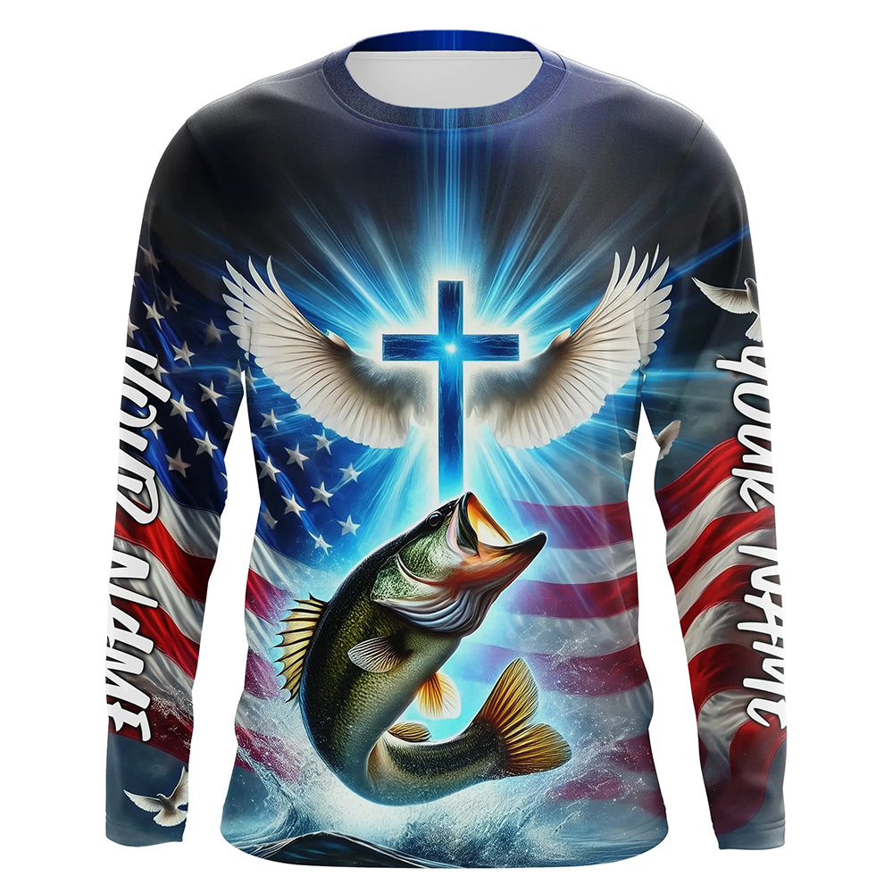 Custom Faith Largemouth Bass Patriotic Fishing T-Shirts, US Fishing