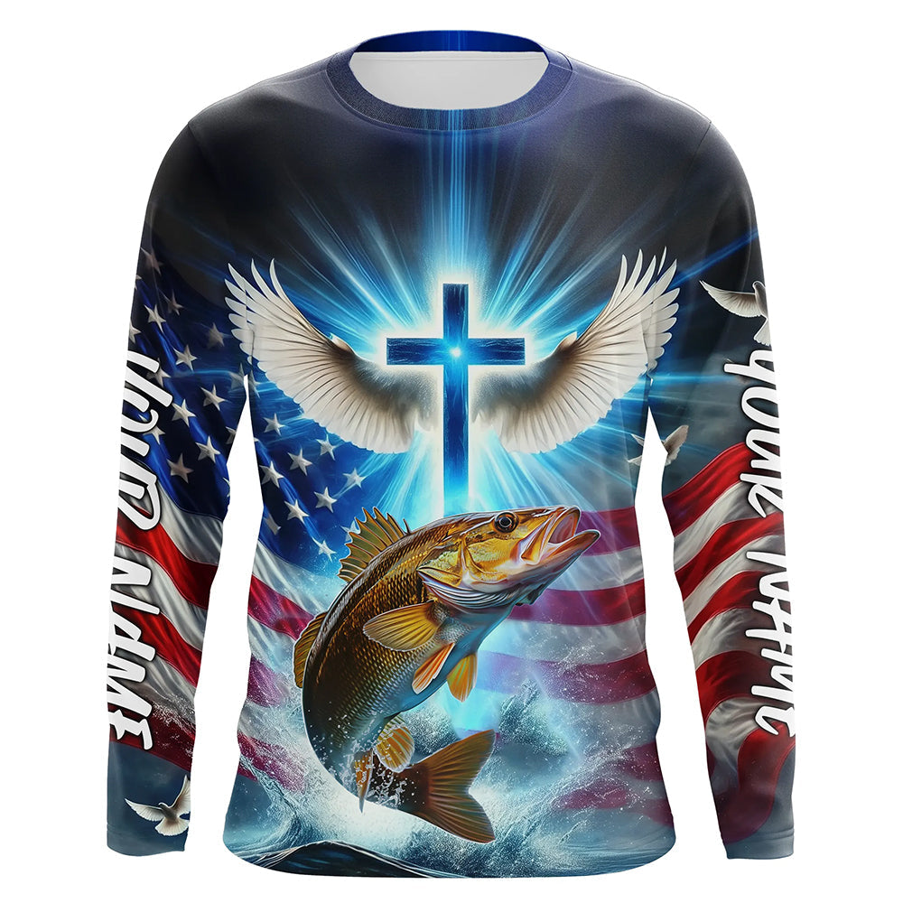 Custom Faith Walleye Patriotic Long Sleeve Tournament Fishing, US Fishing
