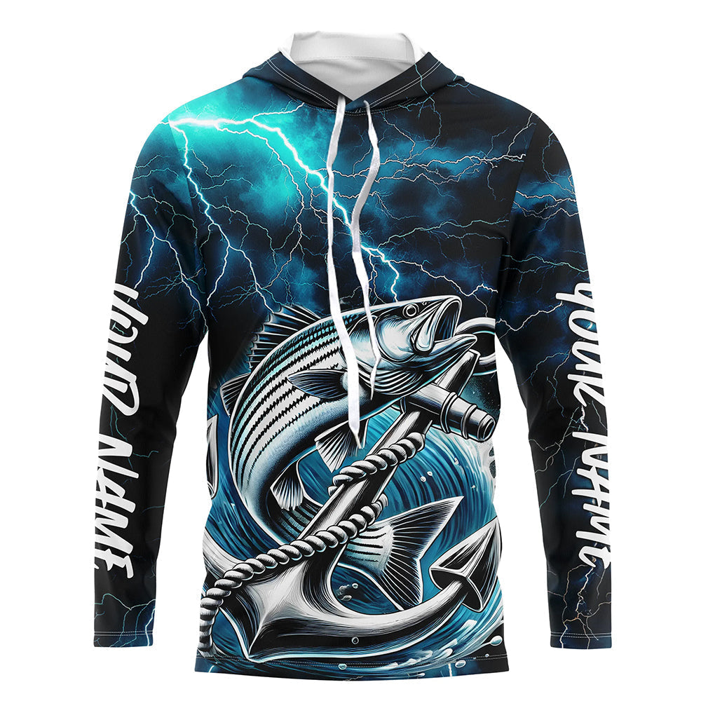 Blue Thunder Lightning Anchor Custom Nautical Striped Bass Long Sleeve Hooded Fishing