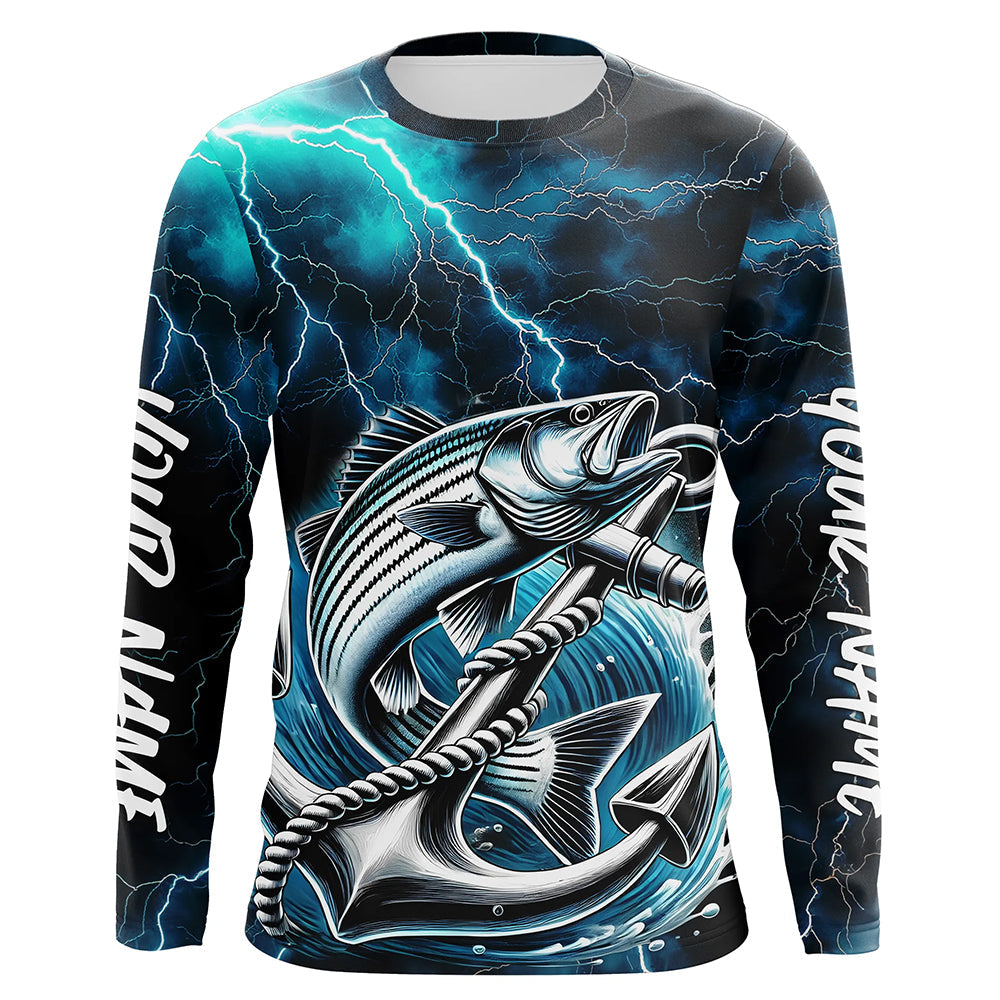 Blue Thunder Lightning Anchor Custom Nautical Striped Bass Long Sleeve Hooded Fishing