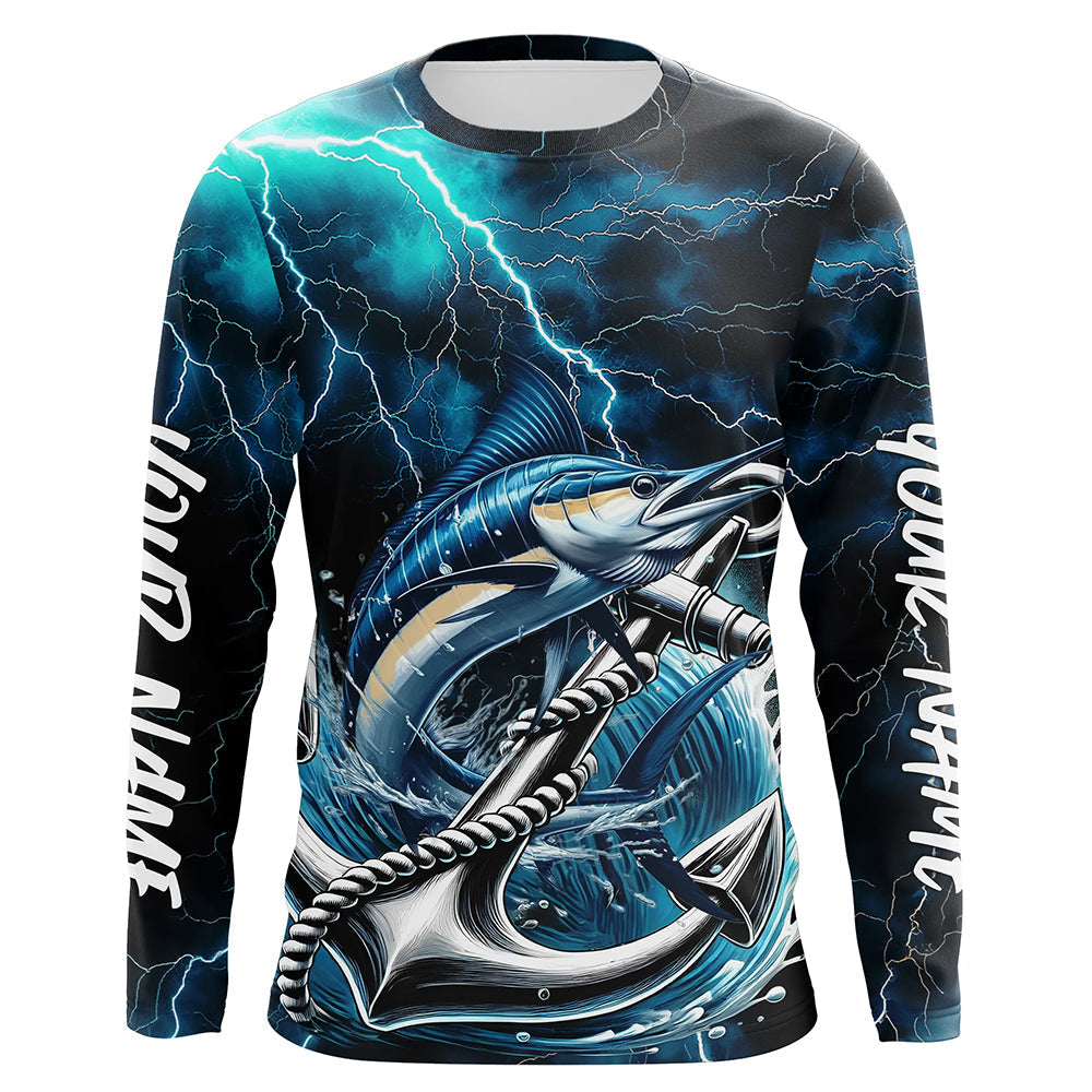 Blue Thunder Lightning Anchor Custom Nautical Marlin Saltwater Long Sleeve Fishing