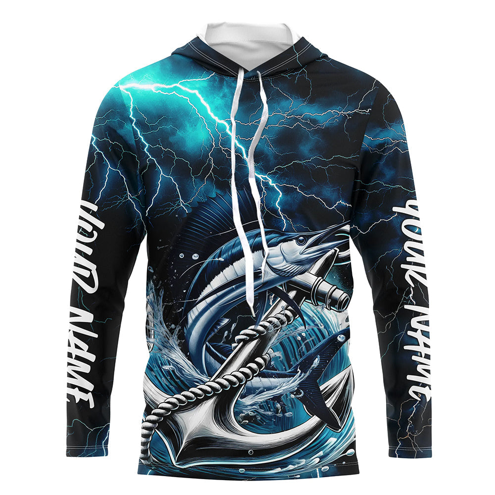 Blue Thunder Lightning Anchor Custom Nautical Sailfish Saltwater Long Sleeve Hooded Fishing