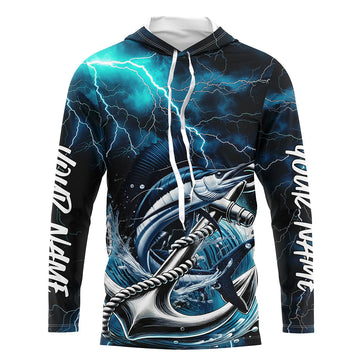 Blue Thunder Lightning Anchor Custom Nautical Sailfish Saltwater Long Sleeve Hooded Fishing