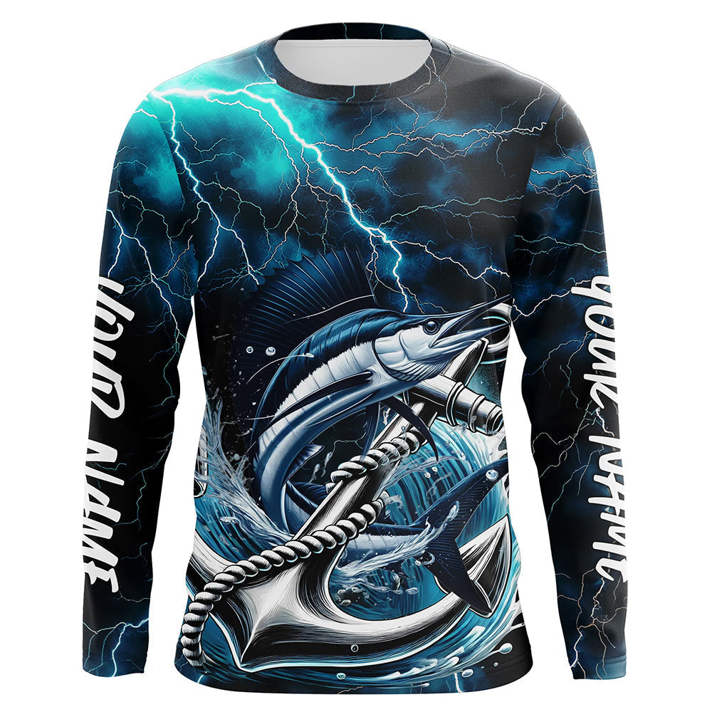 Blue Thunder Lightning Anchor Custom Nautical Sailfish Saltwater Long Sleeve Hooded Fishing