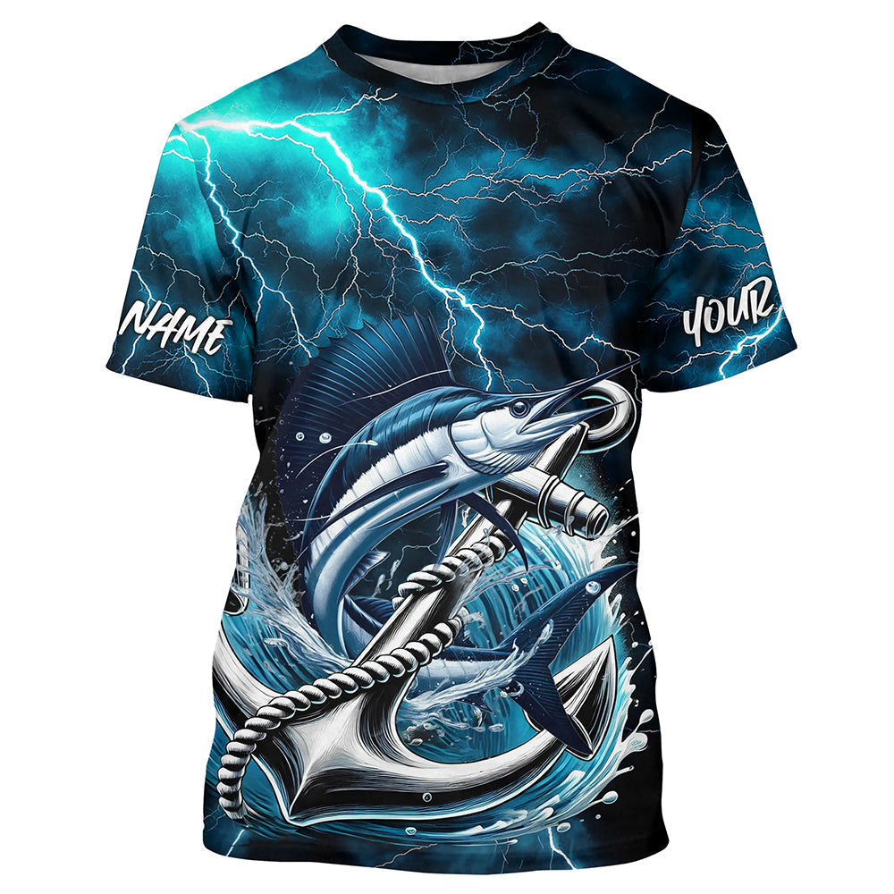 Blue Thunder Lightning Anchor Custom Nautical Sailfish Saltwater Long Sleeve Hooded Fishing