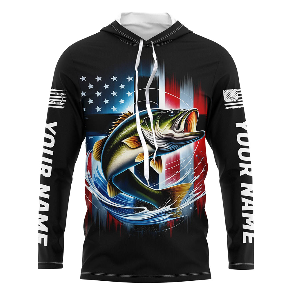 American Flag Cross Custom US Patriotic Largemouth Bass Long Sleeve Hooded Tournament Fishing